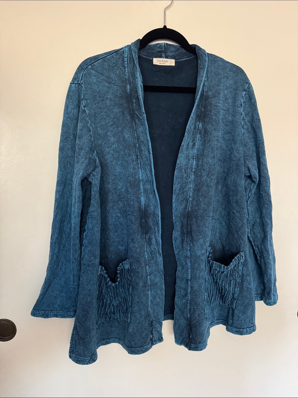 Jess and Jane Teal Blue Mineral Washed Open Cardigan